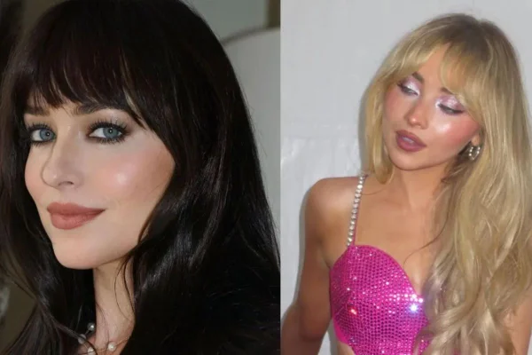 Montagem com fotos do rosto de Dakota Johnson e Sabrina Carpenter