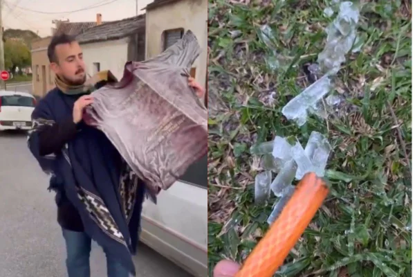 Montagem com fotos coloridas de roupa congelada e de água saindo de torneira congelada - Metrópoles