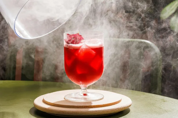 Drink vermelho envolto de fumaça de nitrogênio