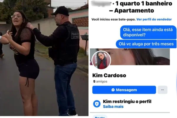 Imagem colorida mostra policial prendendo mulher acusada de envolvimento em golpe do falso imóvel - Metrópoles