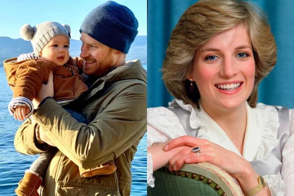 Foto colorida. Archie, príncipe Harry e princesa Diana