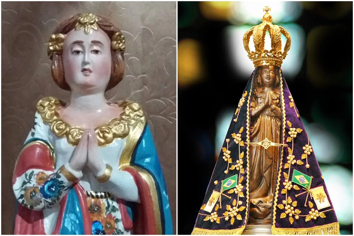 À esquerda, uma reprodução mostra com precisão como seria originalmente
a imagem, antes de ter sido perdida nas águas / À direita a santa na basílica atualmente À esquerda, uma reprodução mostra com precisão como seria originalmente
a imagem, antes de ter sido perdida nas águas / À direita a santa na basílica atualmente