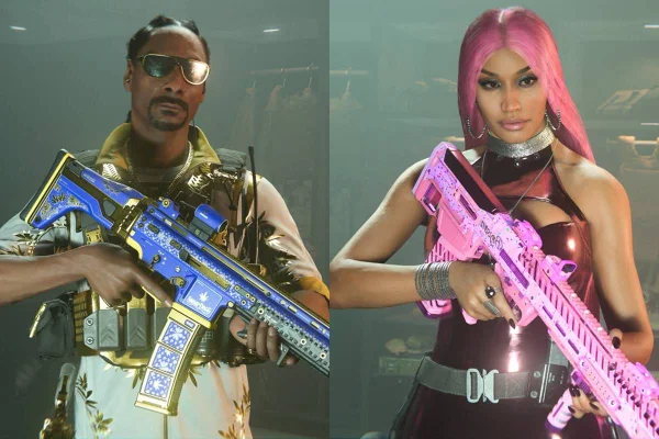 montagem com desenhos de Snoop Dogg e Nicki Minaj com armas em punho - metrópoles