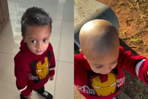 montagem colorida menino passa creme depilatorio no cabelo