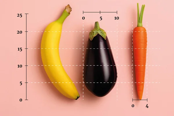 Arte gráfica com banana, berinjela e cenoura (esquerda para direita) - Metrópoles