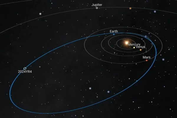 Ilustração colorida que mostra asteroide indo em direção a lua - Metrópoles.