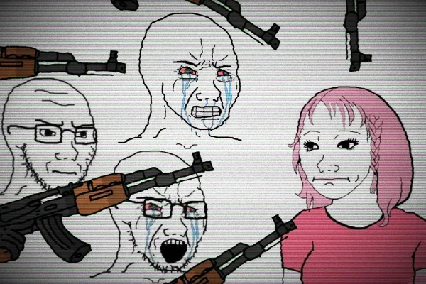 Imagem colorida mostra arte retrtando incels em forma de meme apontando arma para um desenho representando uma mulher - Metrópoles
