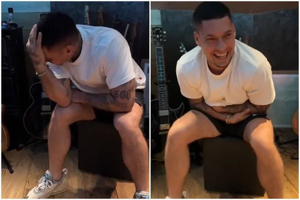 Montagem com o rapper Filipe Ret de short preto e camisa branca sorrindo