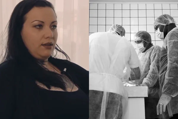 Foto colorida de uma mulher falando e três pessoas em volta de uma maca - Metrópoles