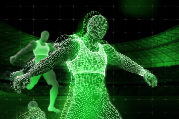 Ilustração em verde e preto mostra holográfico de jogador de futebol com top específico para atletas de alto rendimento. Metrópoles