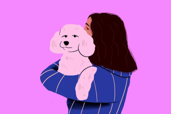 Arte de tutora carregando cadela de estimação da raça poodle