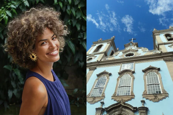 Montagem com foto colorida de Talita Azevedo e Igreja Nossa Senhora do Rosário Preto - Metrópoles