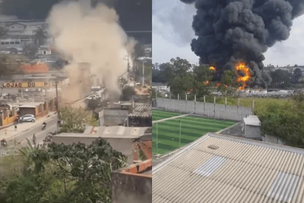 Colagem colorida de bueiros explodindo após incêndio em fábrica de solventes - Metrópoles