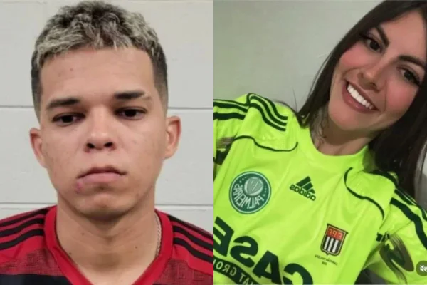 Montagem com duas fotos. À esquerda, homem está com camisa do Flamengo. À direito, mulher com a camisa do Palmeiras