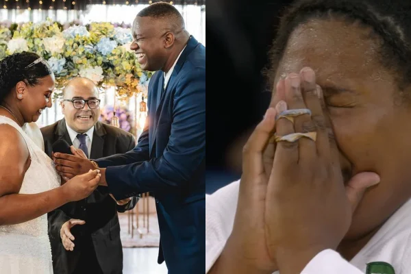 Imagem colorida de Bia Souza com o marido