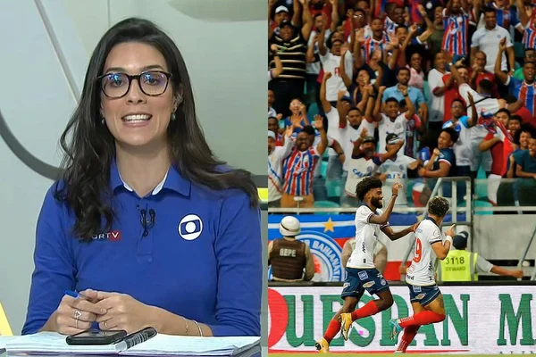 Narradora Renata Silveira e torcida do Bahia