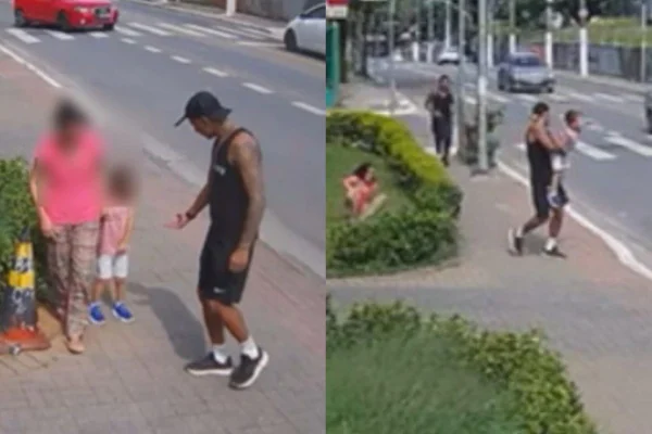 Imagem colorida de montagem de homem tentando sequestrar criança. Metrópoles