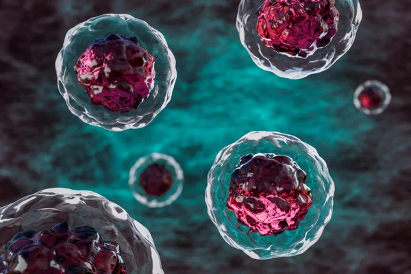 Imagem em close-up de várias células humanas circulando pelas veias. Matéria-prima do corpo ampliada. Ilustração 3D de células-tronco.