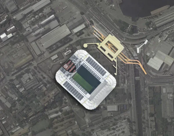 Projeção da Prefeitura do RJ de como deve ficar o estádio do Flamengo que será construído na região do Gasômetro, no Rio de Janeiro - Metrópoles