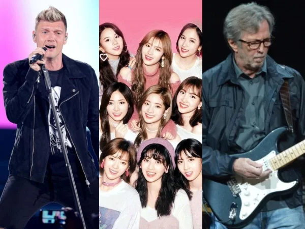 Imagem colorida mostra o cantor Nick Carter, a banda Twice e o guitarrista Eric Clapton; todos eles farão shows em São Paulo em 2024 - Metrópoles