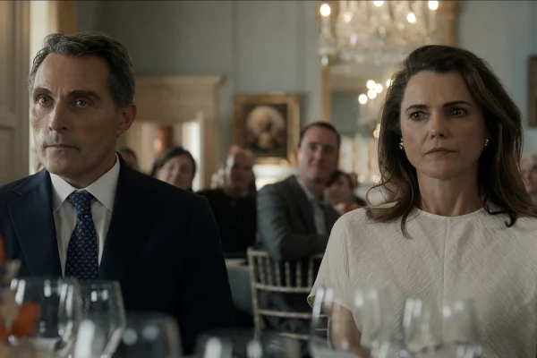 Imagem colorida de Rufus Sewell e Keri Russell na série A Diplomata, da Netflix