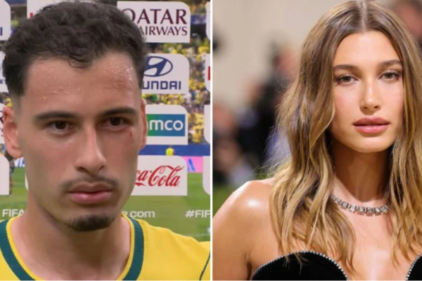 Internautas viralizaram ao apontar semelhanças entre o jogador da Seleção Brasileira Gabriel Martinelli e Hailey Bieber, esposa de Justin - Metrópoles