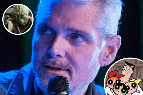 Montagem com fotos do dublador Tom Kane com personagens que dublou