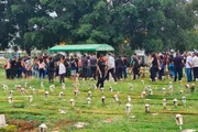 Muitas pessoas permaneceram na chuva durante os 20 minutos da descida do Caixão Muitas pessoas permaneceram na chuva durante os 20 minutos da descida do Caixão