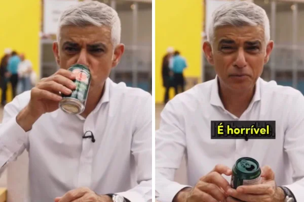 Montagem com fotos coloridas do prefeito de Londres, Sadiq Khan, experimentando doces e lanches brasieliros na COP30 - Metrópoles