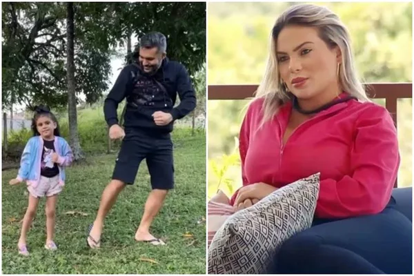Montagem colorida com foto de hokem dançando ao lado de uma criança e de kally fonseca em A Fazenda 15 - Metrópoles