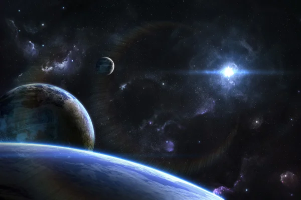 Visão orbital do espaço exterior em planetas e luas alienígenas. Evolução planetária. Metrópoles universo