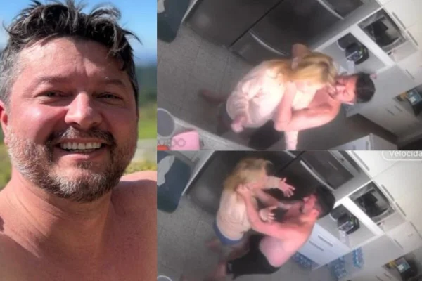 Imagem colorida, esquerda, de homem branco, cavanhaque, sorrindo sem camisa, em área aberta e ensolarada. O lado dele, dois quadros mostrando-o, sem camisa, agredindo uma mulher - Metrópoles