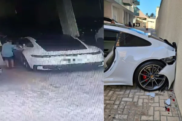 Imagem colorida, Criança liga Porsche de R$ 1 milhão do vizinho e bate no muro. Vídeo - Metrópoles