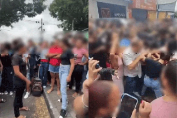 Imagem colorida de meninas/alunas brigando por garoto em escola - Metrópoles
