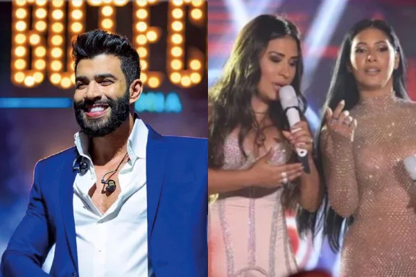 Montagem de Gusttavo Lima e as dupla Simone e Simaria, ambos cantores sertanejos no palco - Metrópoles