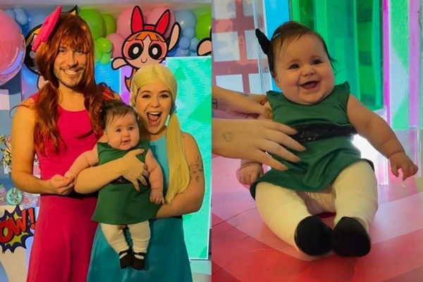 montagem com foto colorida de viih tube com a filha no colo e eliezer ao lado, eles estão vestidos de lindinha, docinho e florzinha, respectivamente, e filha do casal sorrindo ao lado - metrópoles