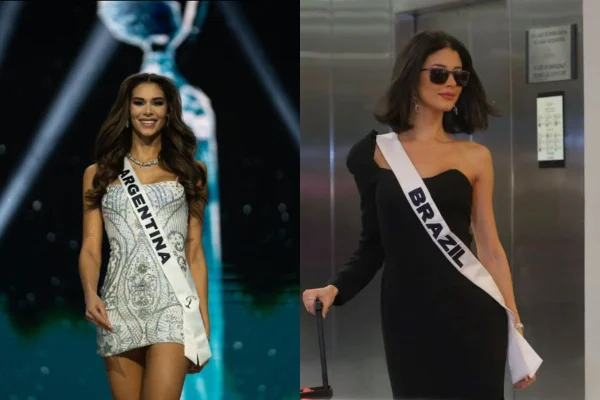Montagem com fotos coloridas de Miss Argentina 2024 e de Miss Brasil 2024 - Metrópoles