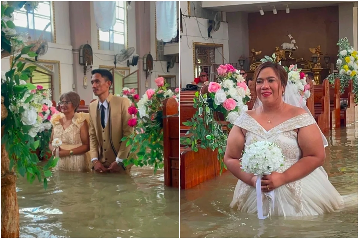 Noivo e noiva entrando em igreja atingida por enchente nas Filipinas Noivo e noiva entrando em igreja atingida por enchente nas Filipinas