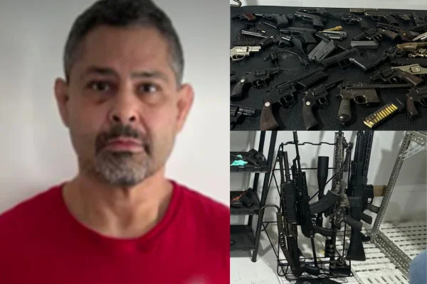 Armas apoiadas em estante preta, lateral direita abaixo, sobre as quais armas sobre mesa preta e, à esquerda, foto de homem branco, cavanhaque grisalho e camiseta vermelha - Metrópoles