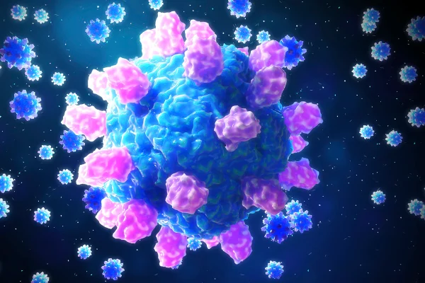 Partículas de astrovírus, ilustração. Eles contêm um genoma de ácido ribonucleico (RNA) de fita simples envolto por um revestimento proteico externo icosaédrico (de 20 lados) não envelopado (capsídeo, azul). Metrópoles