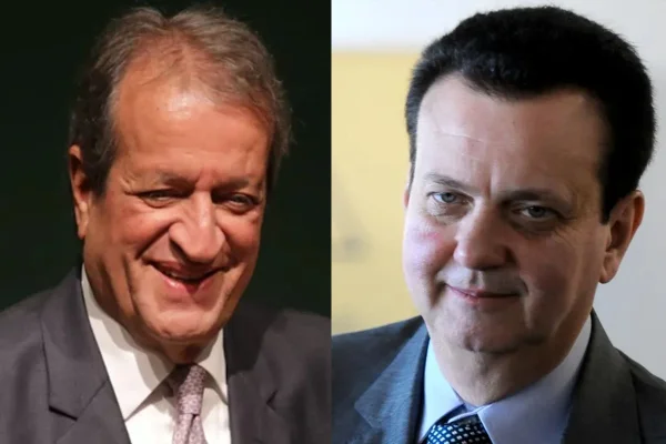 Montagem com Valdemar à esquerda, usando terno preto, camisa branca, gravata rosa e sorrindo; e Gilberto Kassab à direita, usando terno preto, camisa branca, gravata azul e também sorrindo - Metrópoles