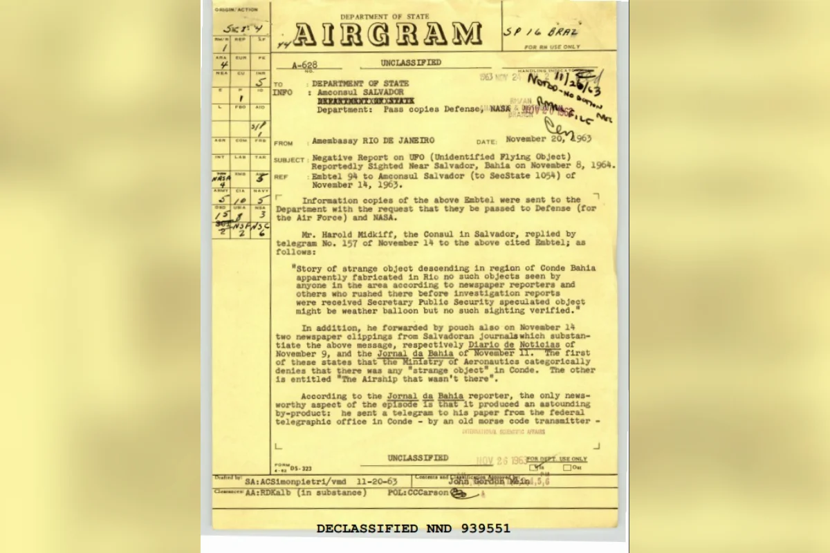 Telegrama da Embaixada dos EUA no Rio de Janeiro ao Departamento de Estado, de 20 de novembro de 1963, sobre o relato de um suposto OVNI na Bahia. Telegrama da Embaixada dos EUA no Rio de Janeiro ao Departamento de Estado, de 20 de novembro de 1963, sobre o relato de um suposto OVNI na Bahia.