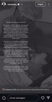 Clara Maia  os stories do Instagram para falar do estado de saúde de Theo