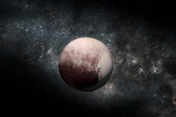 Plutão. Ilustração incorporando imagens de terreno da sonda New Horizons da NASA.