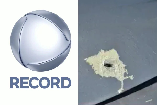 Montagem colorida com o logo da Record e uma foto do tiro que atingiu a aeronave - Metrópoles