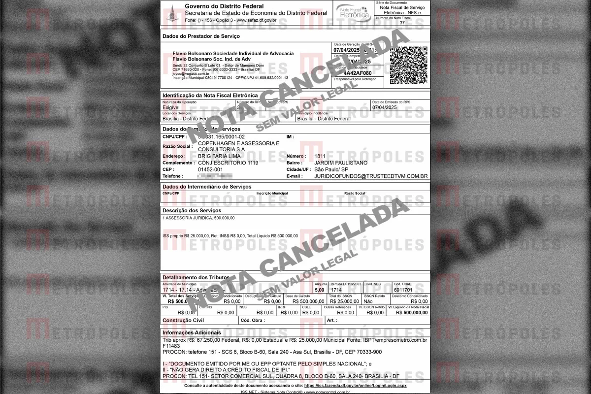 Primeira nota fiscal emitida pelo escritório de Flávio Bolsonaro em favor da Copenhagen Primeira nota fiscal emitida pelo escritório de Flávio Bolsonaro em favor da Copenhagen