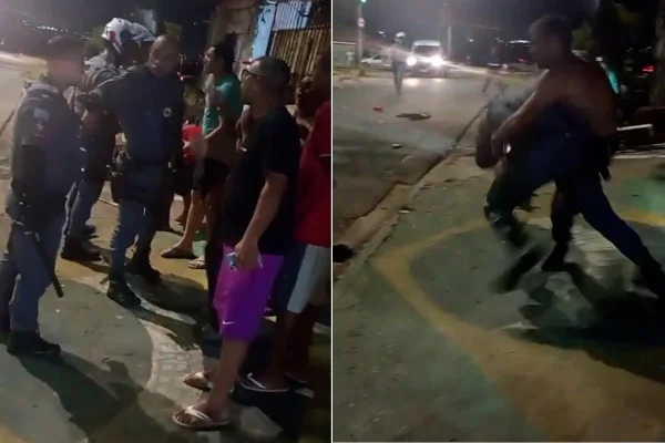 Montagem colorida mostra momento em que policiais são hostilizados por moradores em Sorocaba, interior de São Paulo.