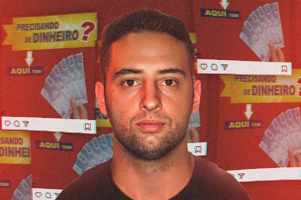 Imagens coloridas mostram arte com fundo vermelho e foto de homem branco, cabelos curros e barba por fazer