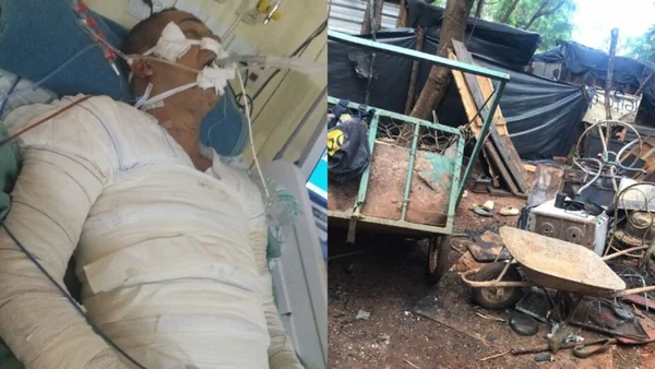 Montagem com fotos coloridas de homem no hospital e casa destruída - Metrópoles