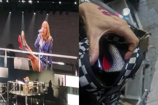 Montagem colorida com fotos do salto de Taylor Swift quebrado - Metrópoles